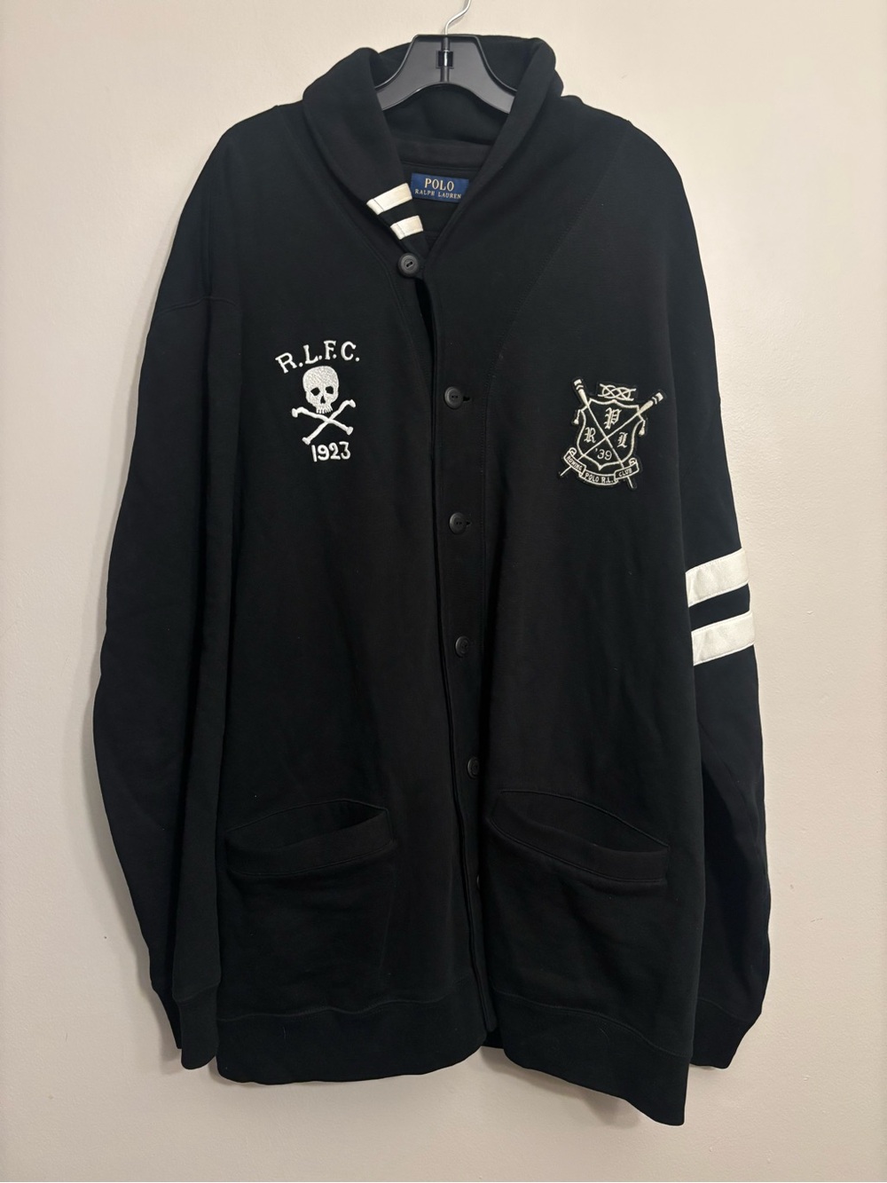Polo by Ralph Lauren Black Shawl Collar Cardigan with White Crest Accents
